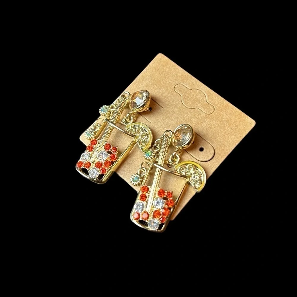 Tropical Drink Rhinestone Dangle Earrings NWOT